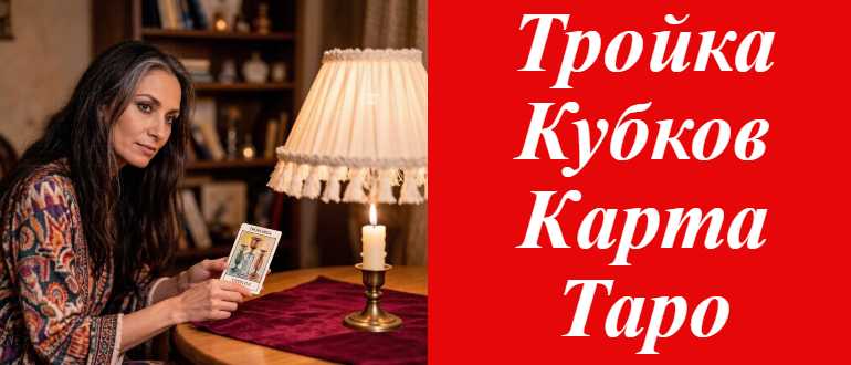 гадалка держит в руках карту Таро Тройку Кубков на картинке